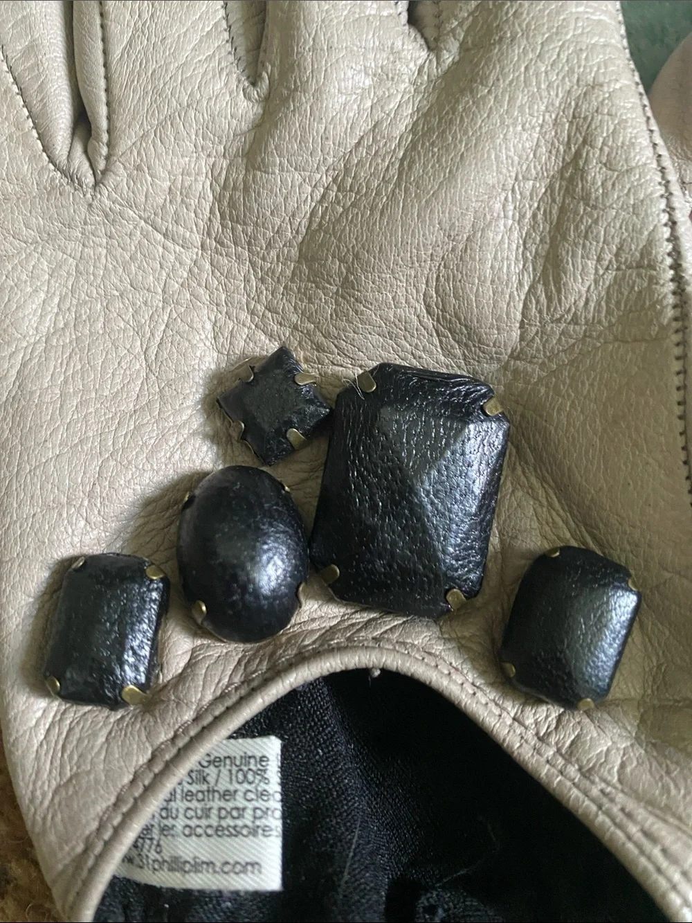3.1 Phillip Lim Taupe Leather Gloves with Black Jewel Embellishments